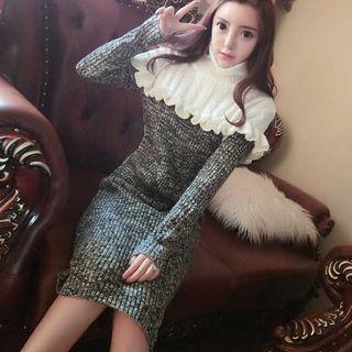 Turtleneck Long-sleeve Midi Knit Sheath Dress White + Gray - One Size