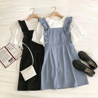 Set: Plain Crewneck Short-sleeve T-shirt + Plain Ruffled-trim Strap Dress