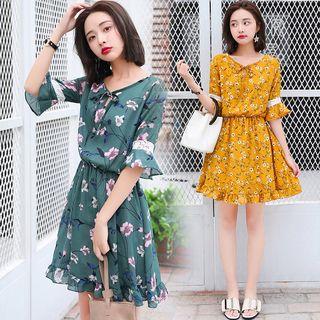 Ruffle Lace Detail Floral Chiffon Dress