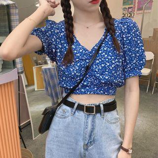 Ruched Short-sleeve Floral Print Blouse Blue - One Size