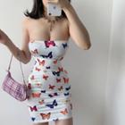 Butterfly Print Mini Sheath Tube Dress