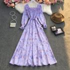Long-sleeve Floral Maxi A-line Dress Purple - One Size