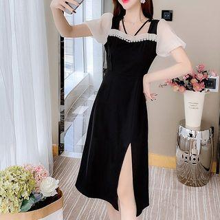 Short-sleeve Floral Embellished A-line Dress