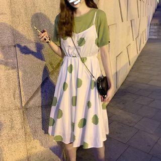Mock Two-piece Short-sleeve Midi Dotted Dress