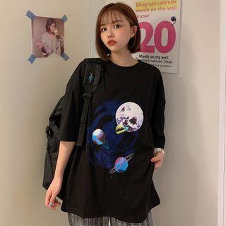 Planet Print Short-sleeve Round Neck T-shirt