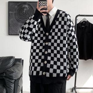 V-neck Plain Two Tone Button-up Cardigan