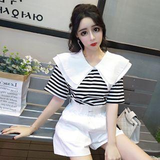 Short-sleeve Striped T-shirt / Wide-leg Shorts / Set