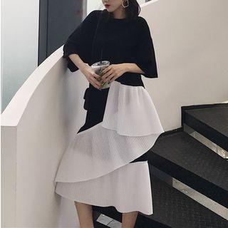 Elbow-sleeve Ruffle Midi Dress