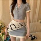 Set: Short-sleeve Cropped Cardigan ++ High-waist Contrast Trim A-line Mini Skirt Blue - One Size