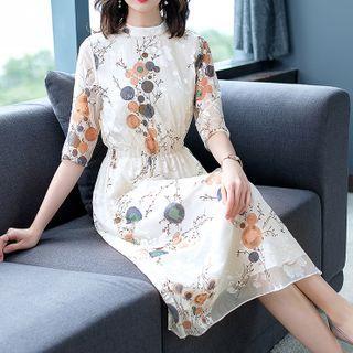 Print Elbow-sleeve Midi A-line Dress