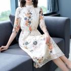 Print Elbow-sleeve Midi A-line Dress