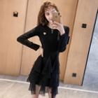 Mesh Ruffle Long-sleeve Knit Mini Sheath Dress