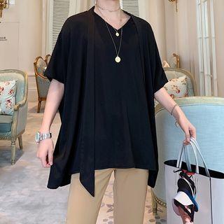 Short-sleeve Plain Tie-neck T-shirt