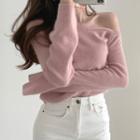 Plain Off Shoulder Knit Top Pink - One Size