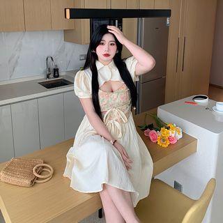 Short-sleeve Crop Top / Spaghetti Strap Floral Print A-line Dress