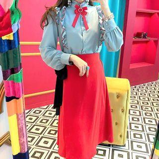 Long-sleeve Ruffle Shirt / Midi A-line Skirt