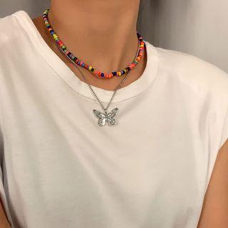 Alloy Butterfly Pendant Bead Layered Choker Necklace 0954 - Silver - One Size