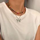 Alloy Butterfly Pendant Bead Layered Choker Necklace 0954 - Silver - One Size