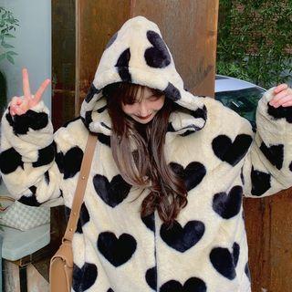 Heart Print Loose-fit Hooded Jacket As Figure - One Size