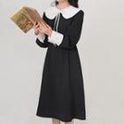 Set: Puff-sleeve Collared A-line Dress + Cape
