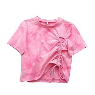 Short-sleeve Tie Dye Drawstring Crop Top