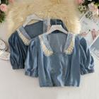Square Collar Embroider Floral Mesh Puff-sleeved Denim Top