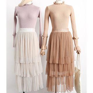 Plain Tiered Midi Mesh Skirt
