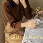 Contrast-collar Cardigan Brown - One Size