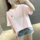 Elbow-sleeve Embroidered Heart Striped T-shirt