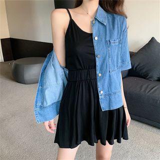 Short-sleeve Denim Jacket / Spaghetti Strap Top / Skort