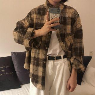 Long-sleeve Plaid Shirt Khaki - One Size