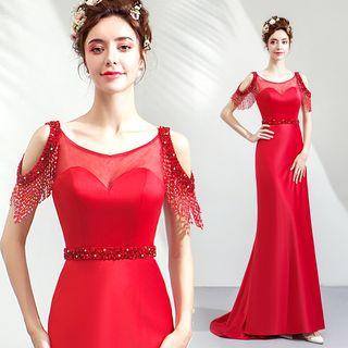 Short-sleeve Cold Shoulder Fringe Paneled Sheath Evening Gown