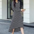 Striped Long-sleeve A-line Midi Dress