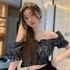 Short-sleeve Off-shoulder Check Cropped Top
