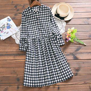 Stand Collar Gingham A-line Dress