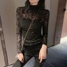 See-through Long-sleeve Lace Top Black - One Size