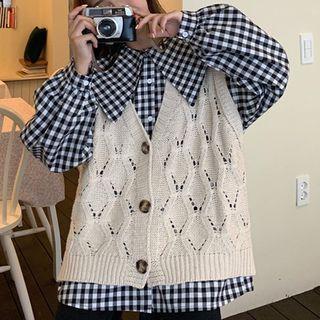 Gingham Blouse / Button-up Sweater Vest
