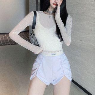 Long-sleeve Moon Print Mesh Top / Sweatshorts