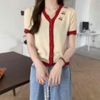 Short-sleeve Heart Embroidered Button-up Knit Top Light Yellow & Red - One Size