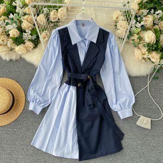 Mock Two-piece Long-sleeve A-line Shirtdress