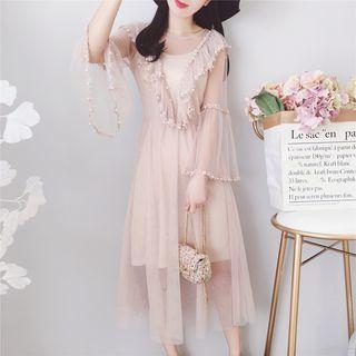 Set: Embellished Bell-sleeve A-line Midi Dress + Strappy Dress