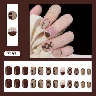 Checker Faux Nail Tips Z197 - Brown & Khaki - One Size