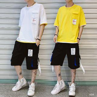 Set: Mock Two-piece Short-sleeve T-shirt + Buckled Cargo Shorts