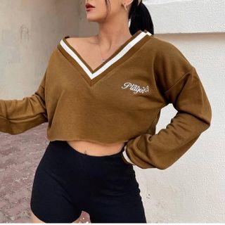 V-neck Letter Embroidered Cropped Sweatshirt