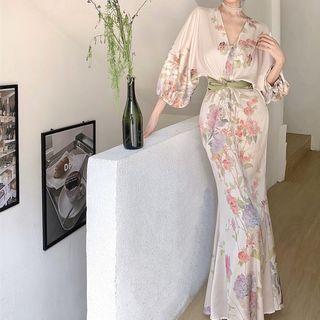 Puff-sleeve Floral Maxi Sheath Dress Dress - White - One Size