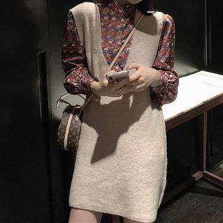 Flower Print Blouse / Knit Mini Pinafore Dress