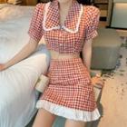 Set: Short-sleeve Gingham Shirt + Ruffle Trim A-line Skirt