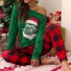 Set: Christmas Print Print Long-sleeve T-shirt + Striped Print Pants (various Design)