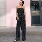 Strapless Dotted Wide Leg Jumpsuit White Dots - Black - One Size