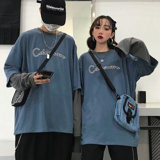 Couple Matching Lettering Long-sleeve T-shirt Blue & Washed Gray - One Size
